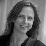 A black and white photograph of Dr Anna Halafoff
